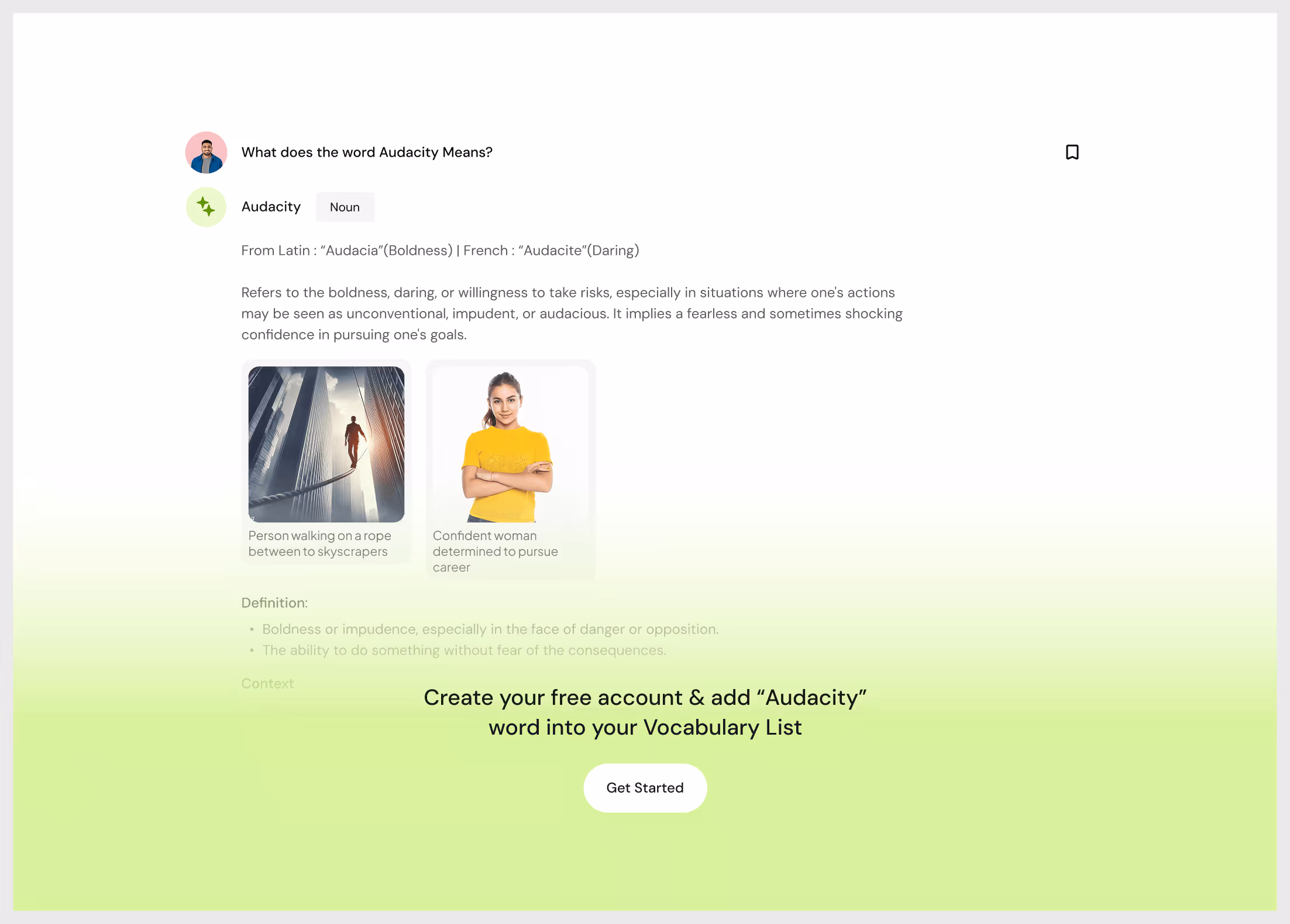 Definition of 'Audacity' explaining boldness and daring, with images of a person walking a rope between skyscrapers and a confident woman.