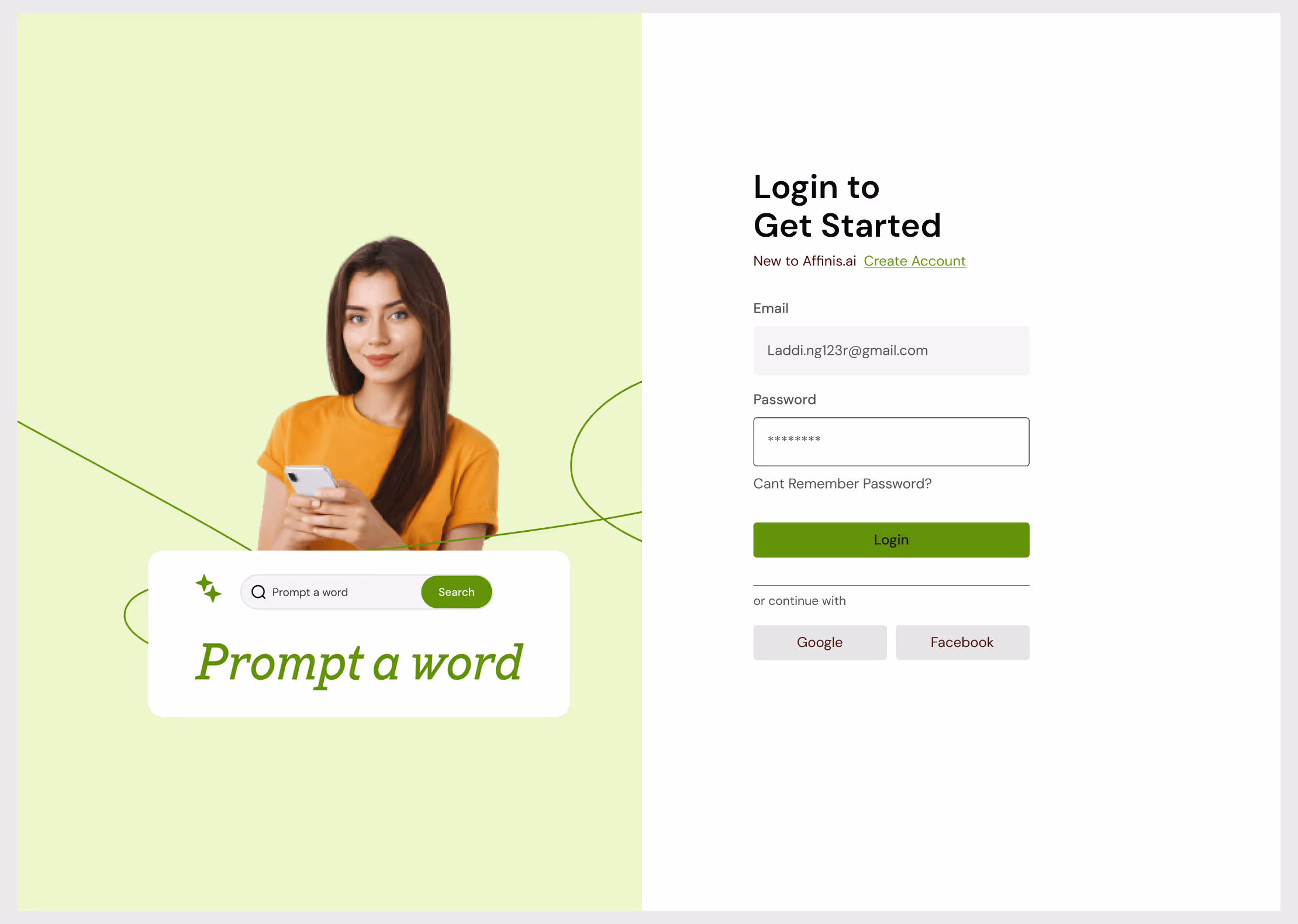 Login page split screen with a woman holding a smartphone on the left and a login form on the right prompting email, password, and options to login via Google or Facebook.