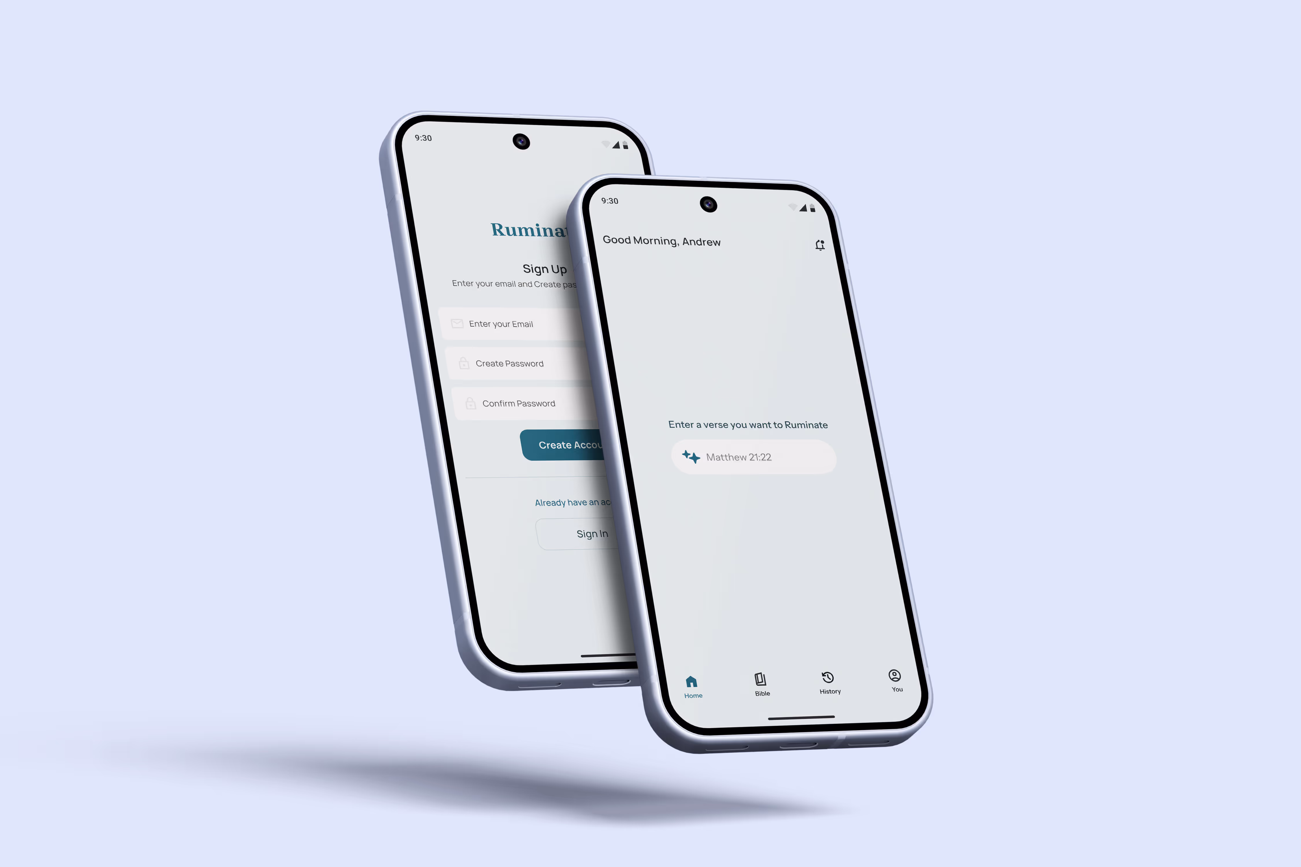 Two smartphones displaying a sign-up screen and a personalized home screen for an app called Ruminate.