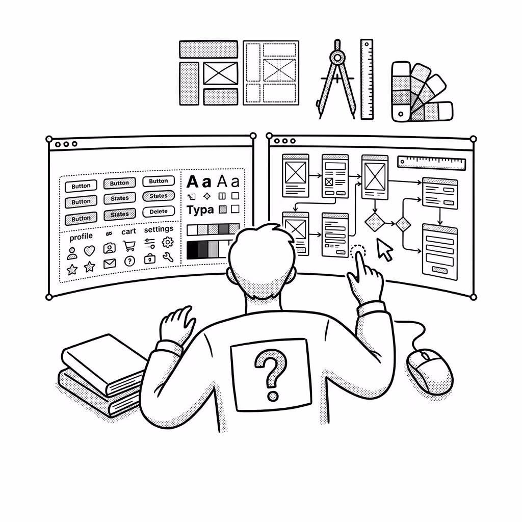 Illustration of a person with a question mark on their back working on two large computer screens showing UI design elements, wireframes, and flowcharts, surrounded by books, a mouse, and design tools like a compass, ruler, and color swatches.