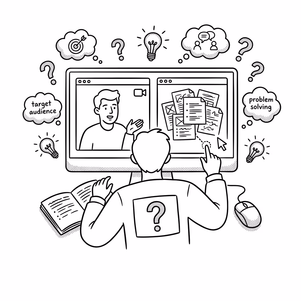 Person at a computer with two screens showing a video call and documents, surrounded by question marks and thought bubbles labeled target audience and problem solving.