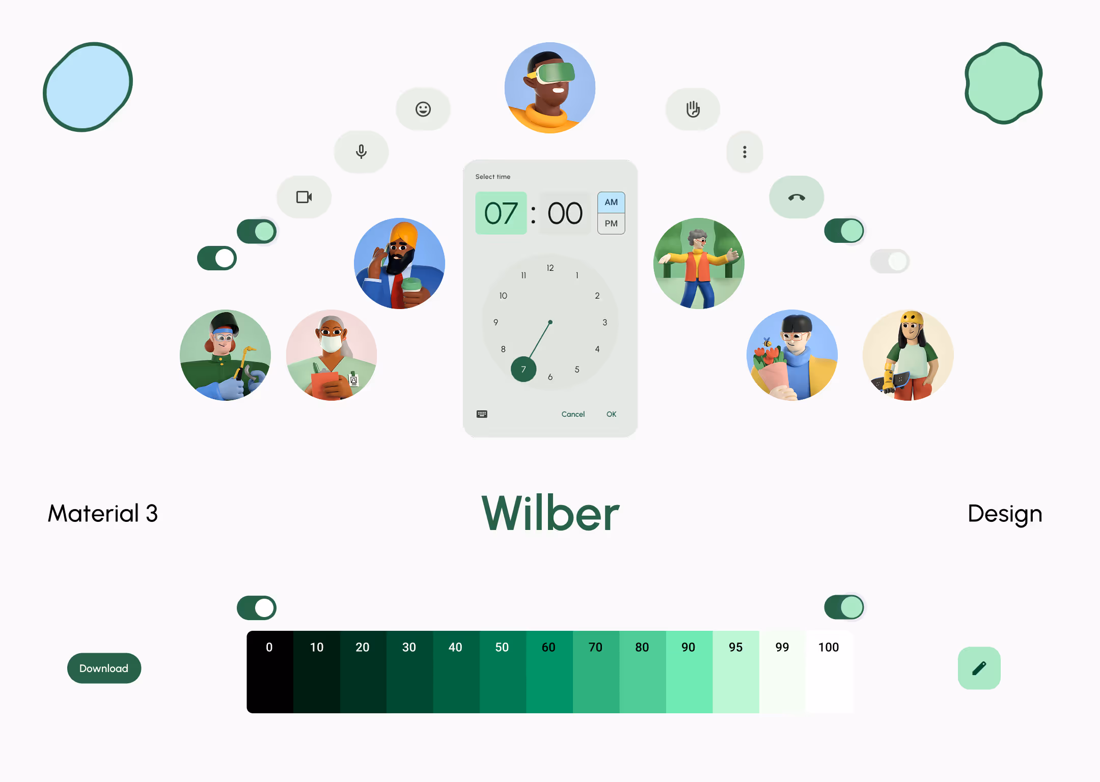 Interface mockup featuring diverse cartoon avatars, a time selector set to 7:00 AM, toggle switches, a gradient color scale from 0 to 100, and the text 'Material 3 Wilber Design'.